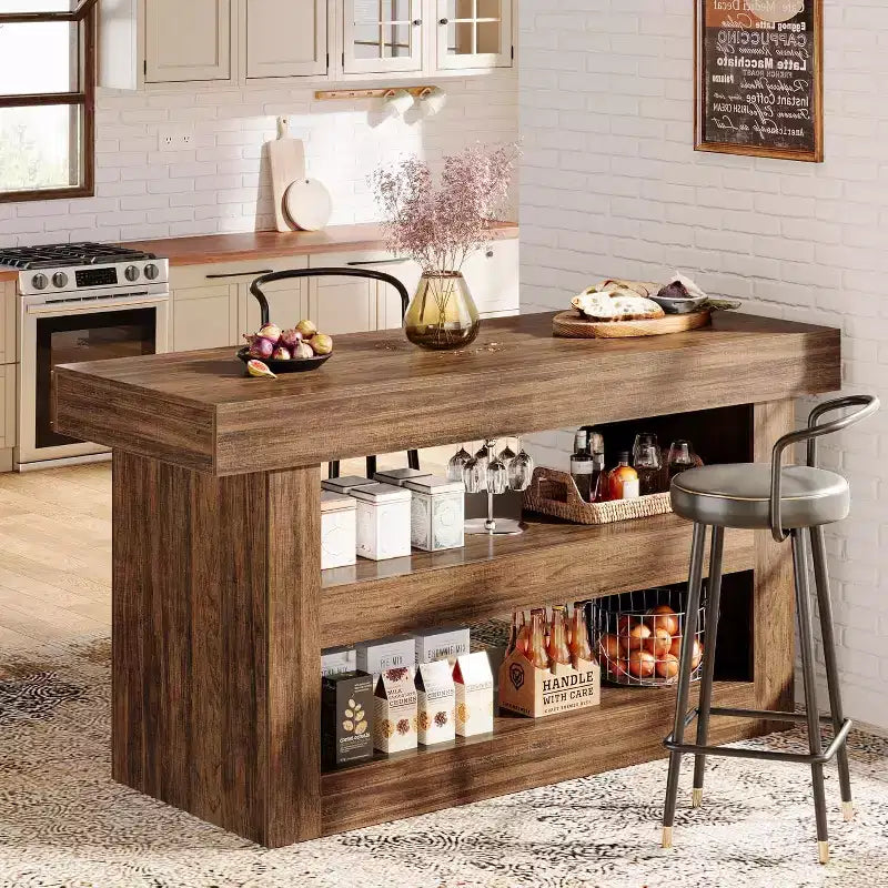 55 Kitchen Island with Large Countertop, Wooden Coffee Bar Table Storage Cabinet for Dining Room