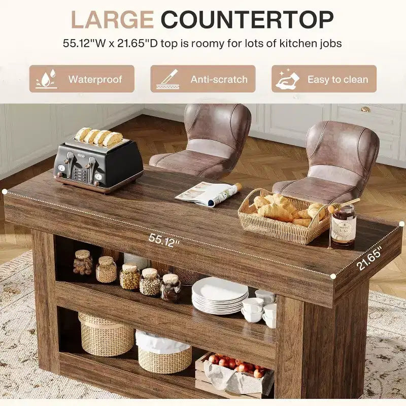 55 Îlot de cuisine avec grand plan de travail, meuble de rangement en bois pour bar à café pour salle à manger
