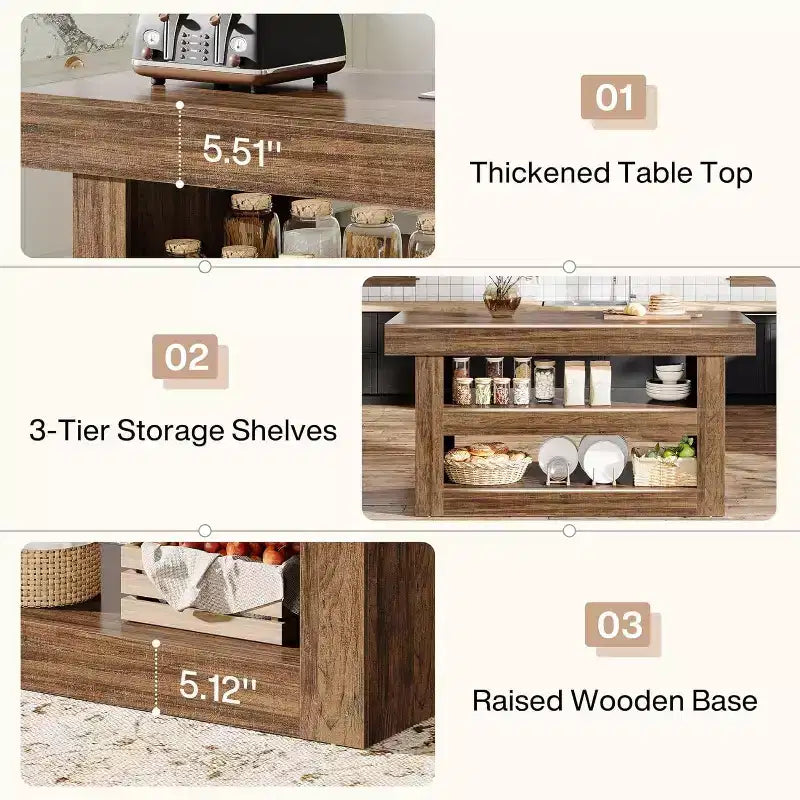 55 Îlot de cuisine avec grand plan de travail, meuble de rangement en bois pour bar à café pour salle à manger