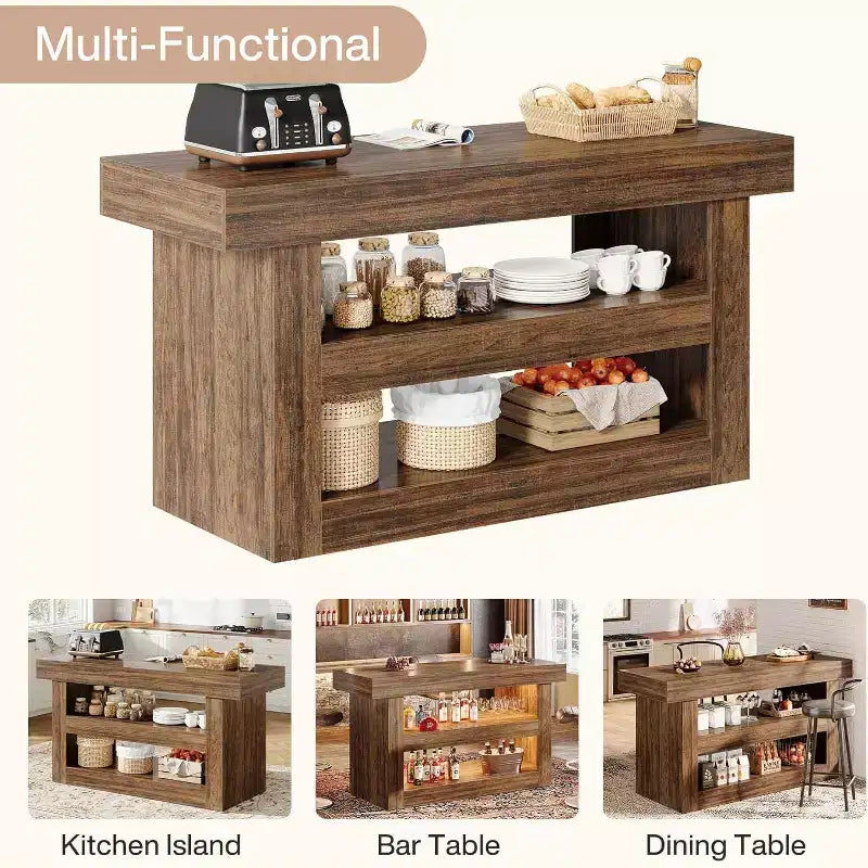 55 Îlot de cuisine avec grand plan de travail, meuble de rangement en bois pour bar à café pour salle à manger