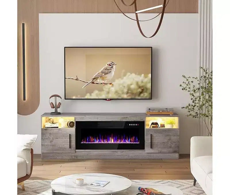 TV Stand with LED Light (Up to 75 TVs), 70" Modern Wood Media TV Console with Storage Cabinet for Living Room