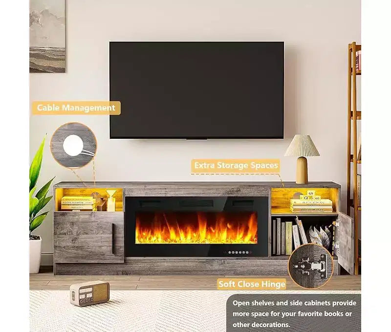 TV Stand with LED Light (Up to 75 TVs), 70" Modern Wood Media TV Console with Storage Cabinet for Living Room