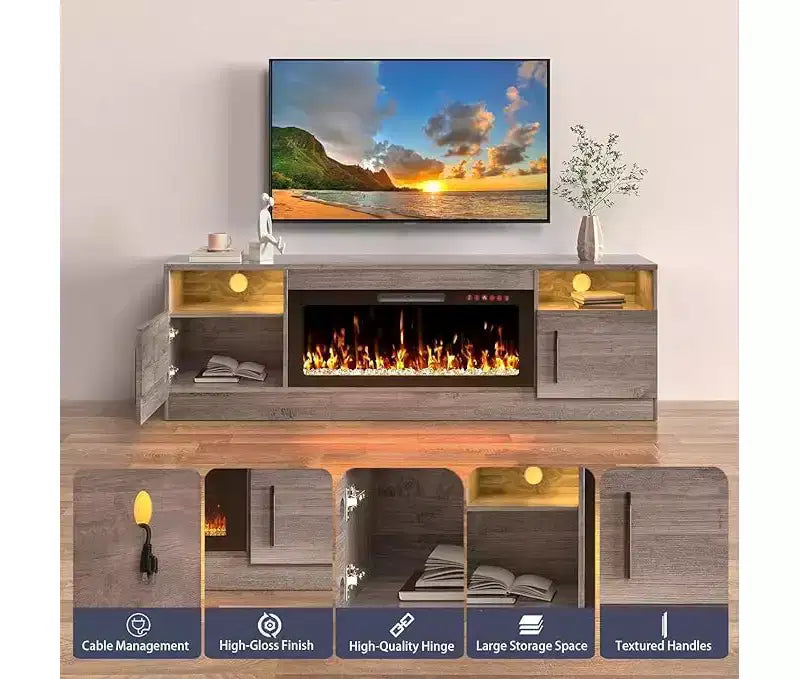 Meuble TV avec lumières LED (pour TV jusqu'à 75"), console TV média moderne en bois de 178 cm avec armoire de rangement pour salon