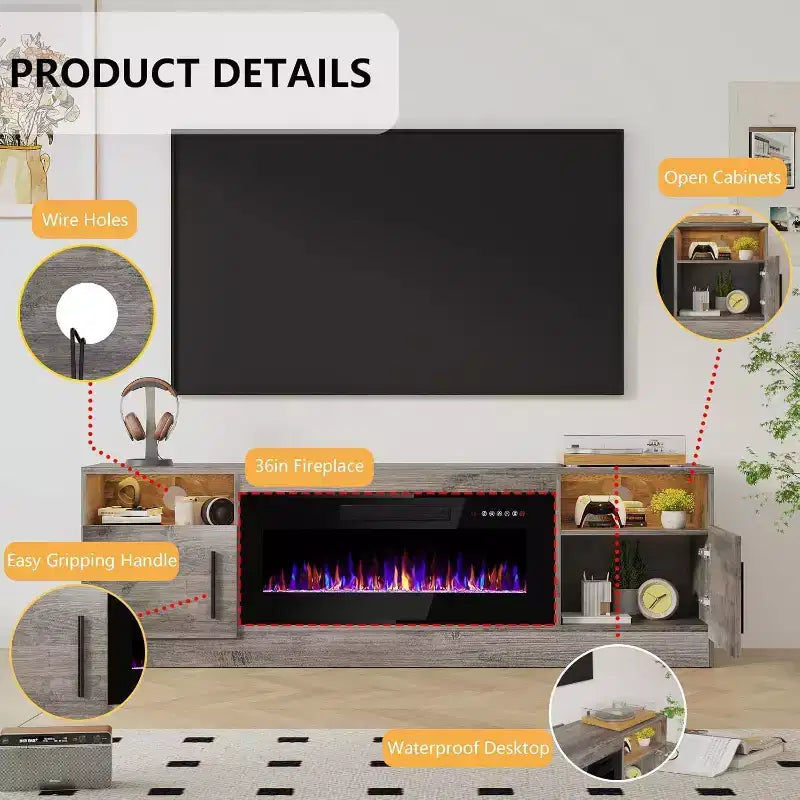 Meuble TV avec lumières LED (pour TV jusqu'à 75"), console TV média moderne en bois de 178 cm avec armoire de rangement pour salon