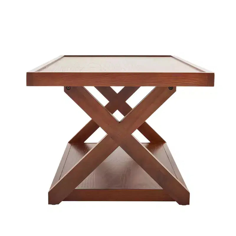 Table basse en chêne massif de 102 cm avec étagère de rangement et pieds en X, finition noyer