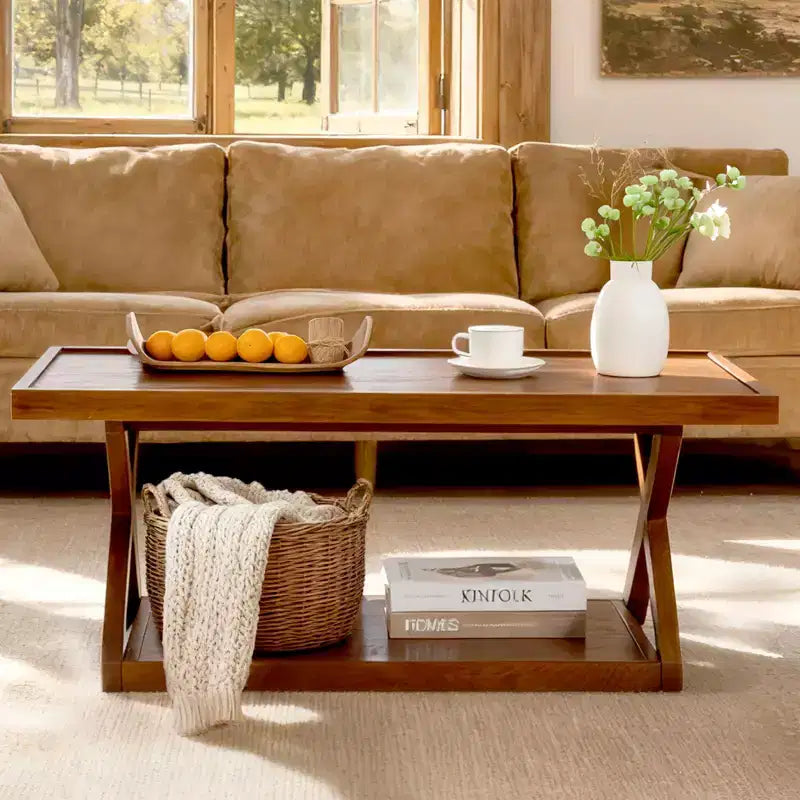 40" Solid Oak Coffee Table with Storage Shelf & X-Shaped Legs, Walnut Finish