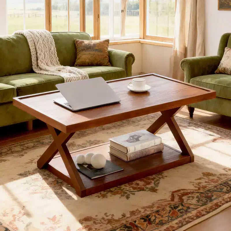 Table basse en chêne massif de 102 cm avec étagère de rangement et pieds en X, finition noyer