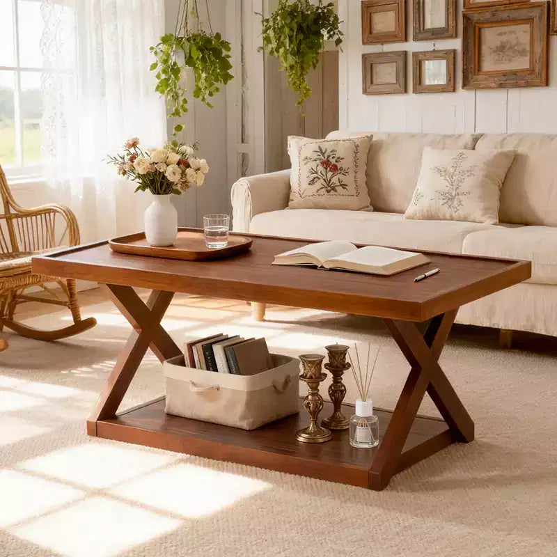 40" Solid Oak Coffee Table with Storage Shelf & X-Shaped Legs, Walnut Finish