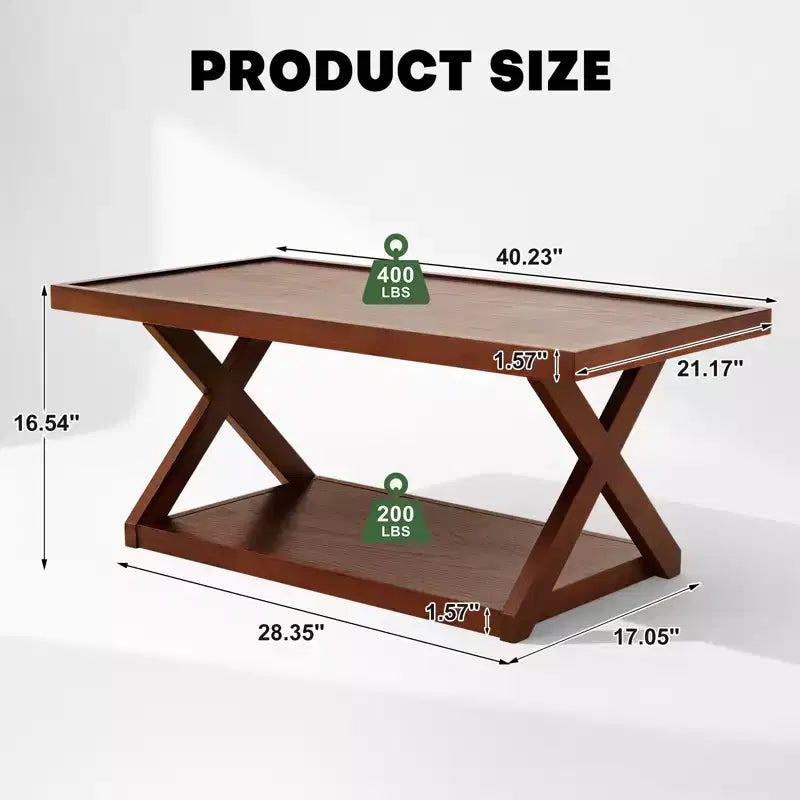 40" Solid Oak Coffee Table with Storage Shelf & X-Shaped Legs, Walnut Finish