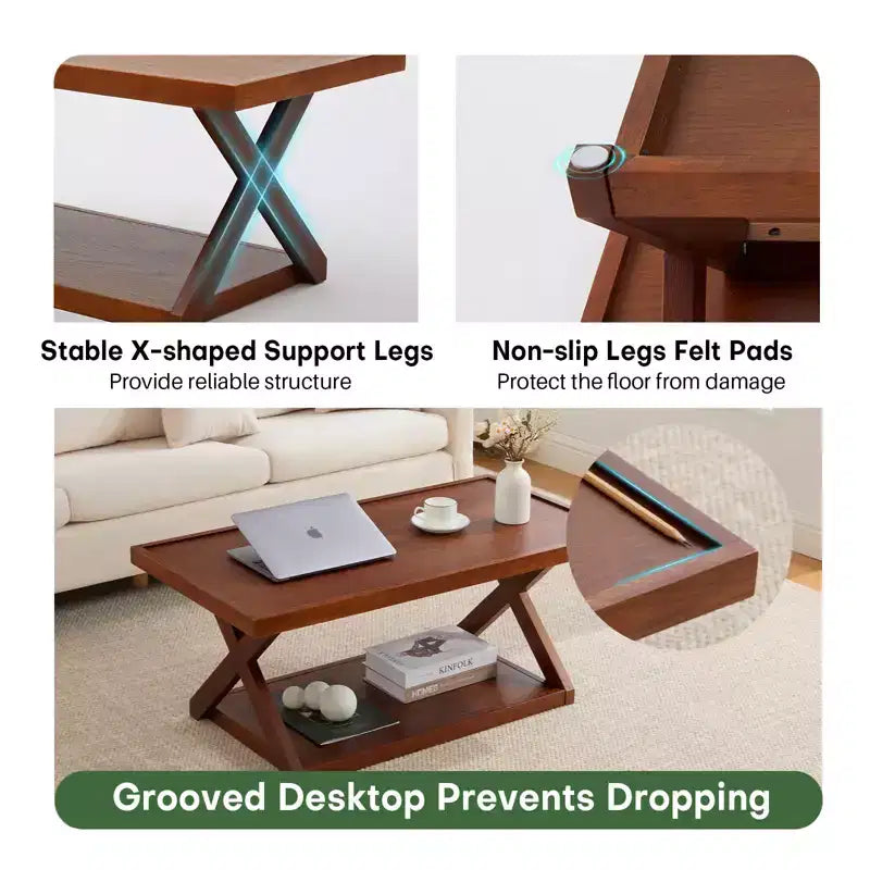 Table basse en chêne massif de 102 cm avec étagère de rangement et pieds en X, finition noyer