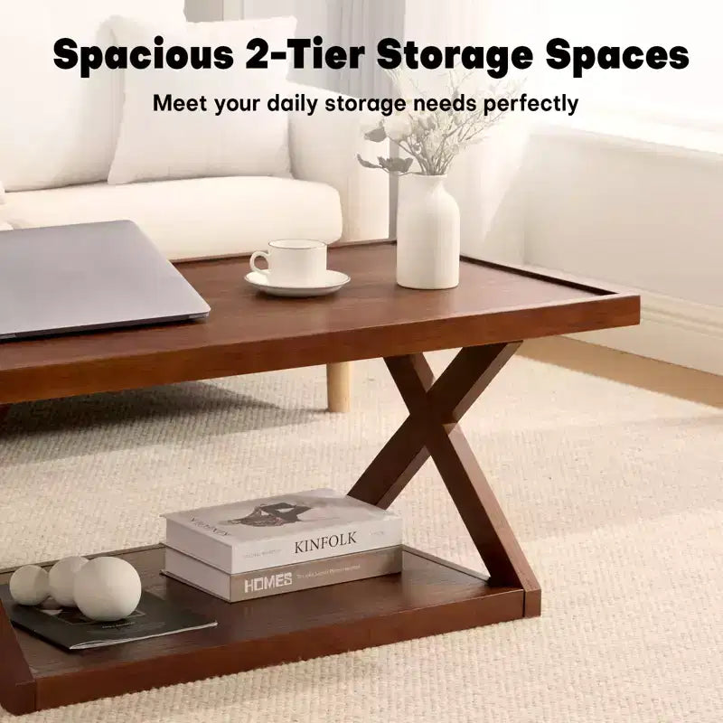 Table basse en chêne massif de 102 cm avec étagère de rangement et pieds en X, finition noyer