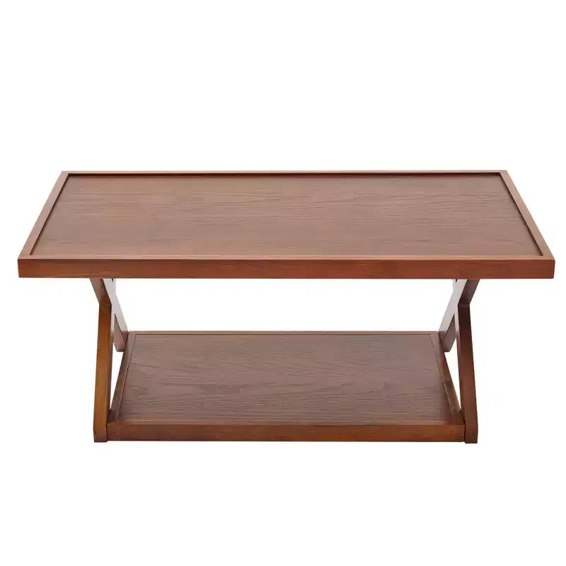 Table basse en chêne massif de 102 cm avec étagère de rangement et pieds en X, finition noyer