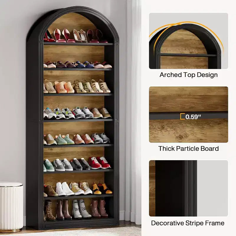Meuble à chaussures haut à 8 niveaux, Grand organiseur de chaussures, Étagère à chaussures autoportante en bois pour placard ou entrée