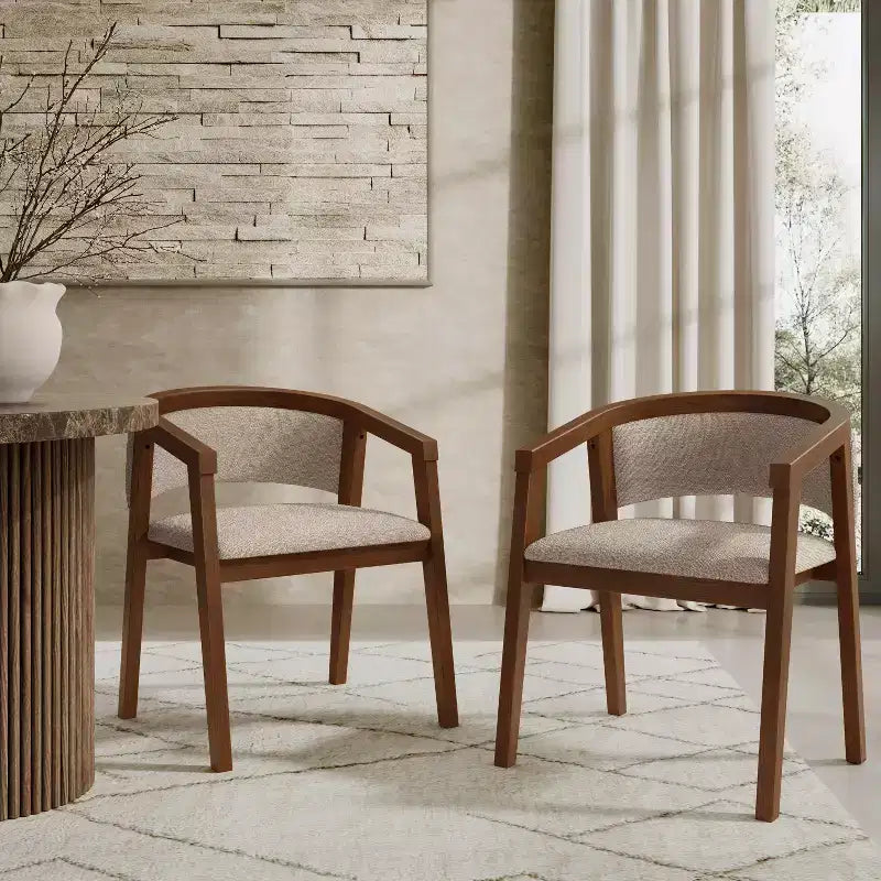 Mid Century Modern Boucle Upholstered Dining Chair with U-Shaped Armrests