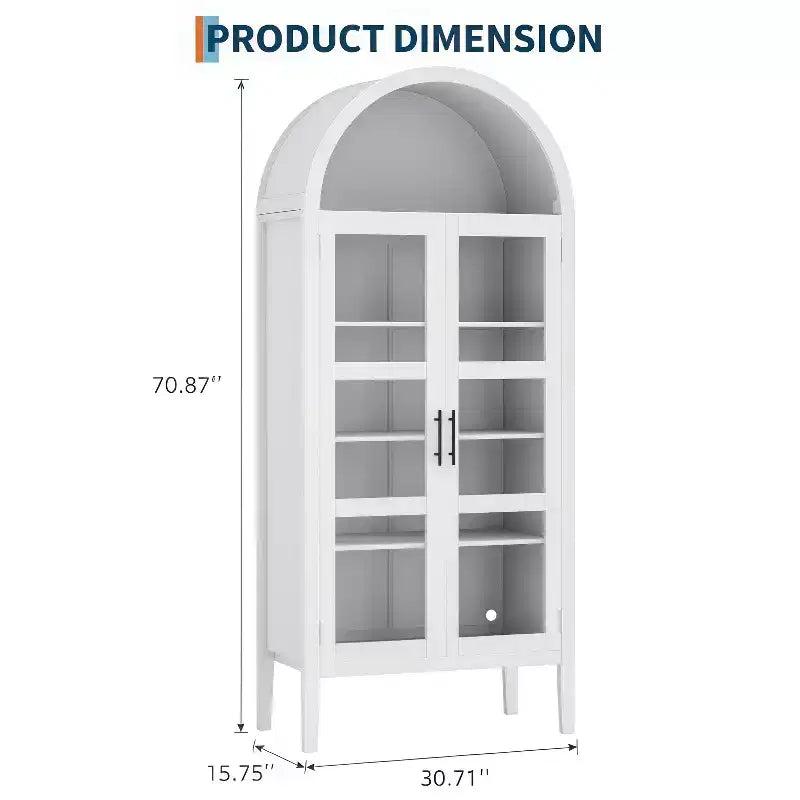 70" Tall Arched Kitchen Pantry Cabinet with LED, Wood Arched Bookshelf with Glass Doors & Adjustable Shelves, Elegant White