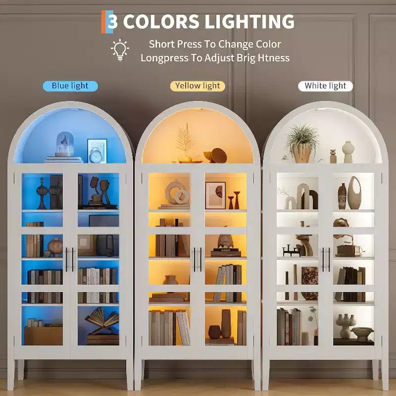 Meuble de cuisine autoportant de 178 cm de haut avec LED, bibliothèque arquée en bois avec portes vitrées et étagères réglables, blanc élégant