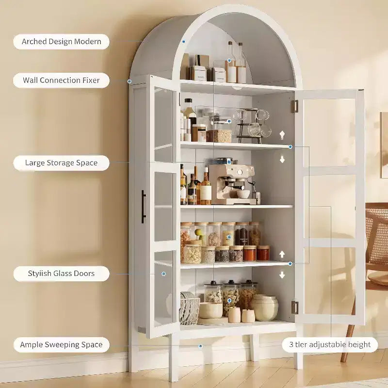 70" Tall Arched Kitchen Pantry Cabinet with LED, Wood Arched Bookshelf with Glass Doors & Adjustable Shelves, Elegant White