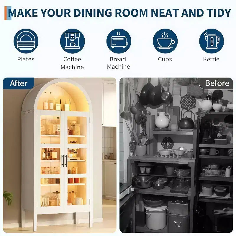 70" Tall Arched Kitchen Pantry Cabinet with LED, Wood Arched Bookshelf with Glass Doors & Adjustable Shelves, Elegant White