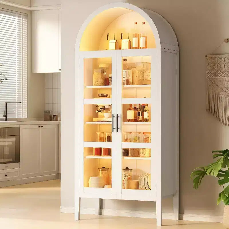 Meuble de cuisine autoportant de 178 cm de haut avec LED, bibliothèque arquée en bois avec portes vitrées et étagères réglables, blanc élégant