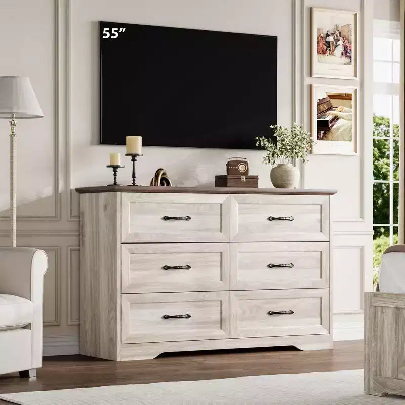 6 Drawers Dresser for Bedroom, Chest of Drawers with Wide Metal Handle, Farmhouse Modern Wooden Dresser, Natural Texture, Storage Organizer for Bedroom