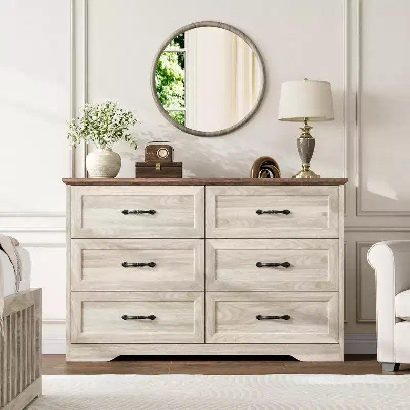 6 Drawers Dresser for Bedroom, Chest of Drawers with Wide Metal Handle, Farmhouse Modern Wooden Dresser, Natural Texture, Storage Organizer for Bedroom
