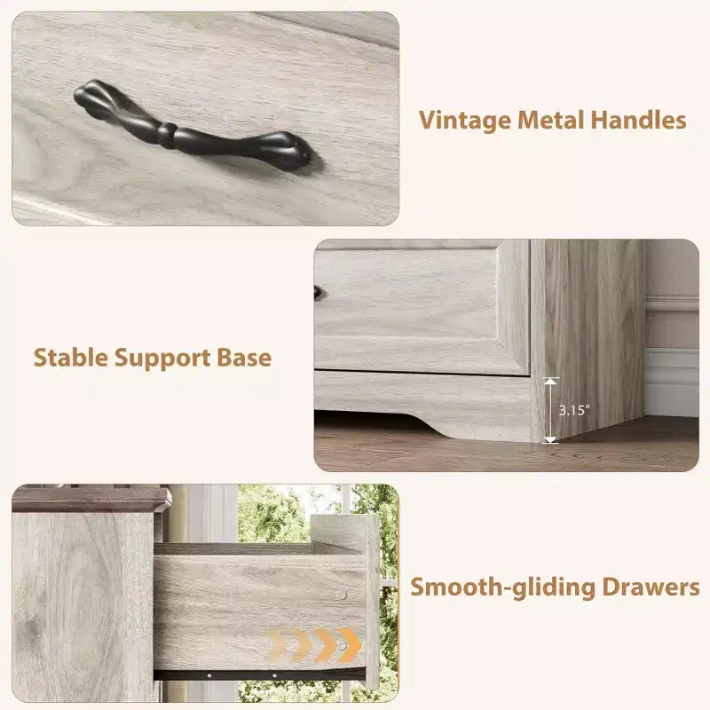 Commode à 6 tiroirs pour chambre à coucher, commode avec poignées larges en métal, commode moderne en bois de style fermier, texture naturelle, organiseur de rangement pour chambre à coucher