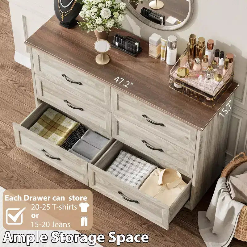 6 Drawers Dresser for Bedroom, Chest of Drawers with Wide Metal Handle, Farmhouse Modern Wooden Dresser, Natural Texture, Storage Organizer for Bedroom