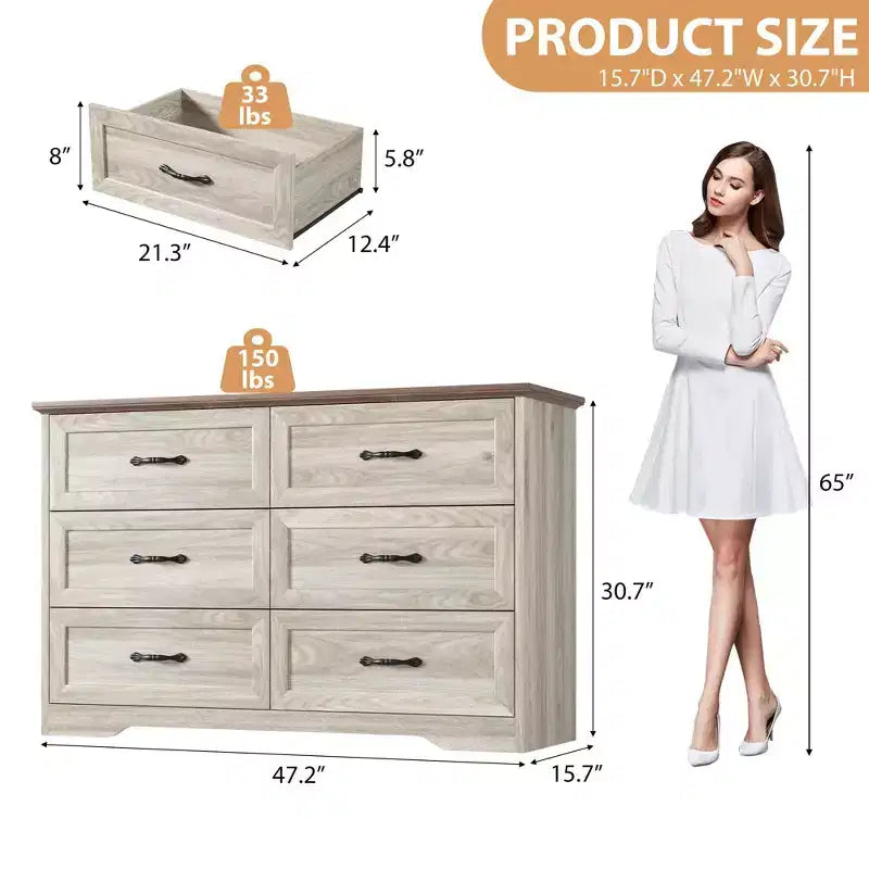 Commode à 6 tiroirs pour chambre à coucher, commode avec poignées larges en métal, commode moderne en bois de style fermier, texture naturelle, organiseur de rangement pour chambre à coucher