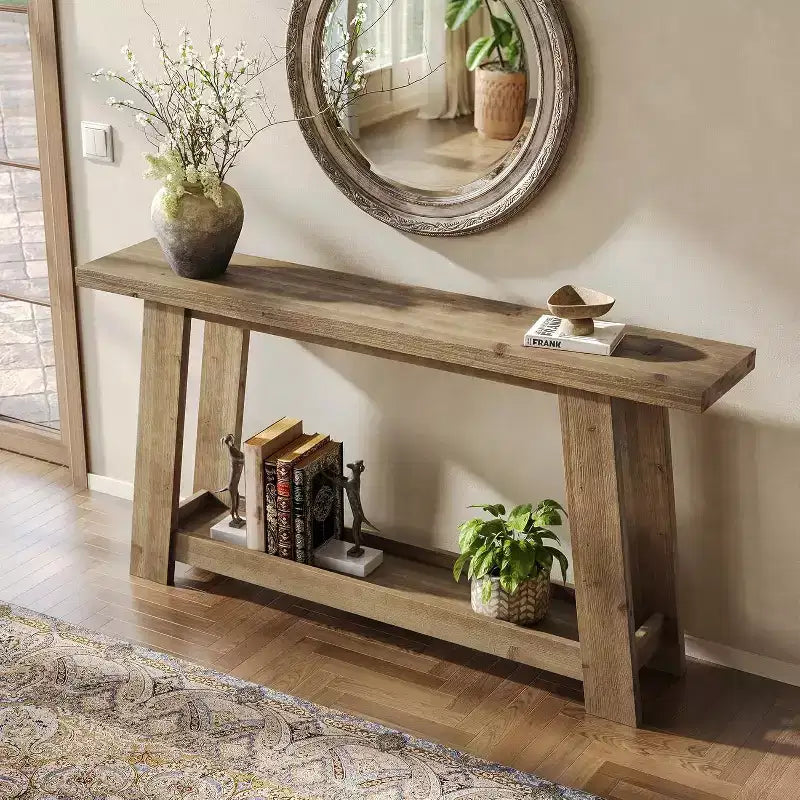 Console de 160 cm en bois massif, table d'entrée de ferme à 2 niveaux, table de canapé étroite derrière le canapé pour le salon, le couloir, le foyer