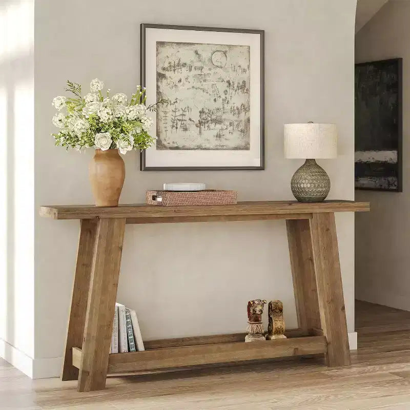 63" Solid Wood Console Table, 2-Tier Farmhouse Entryway Table, Narrow Sofa Table Behind Couch for Living Room, Hallway, Foyer