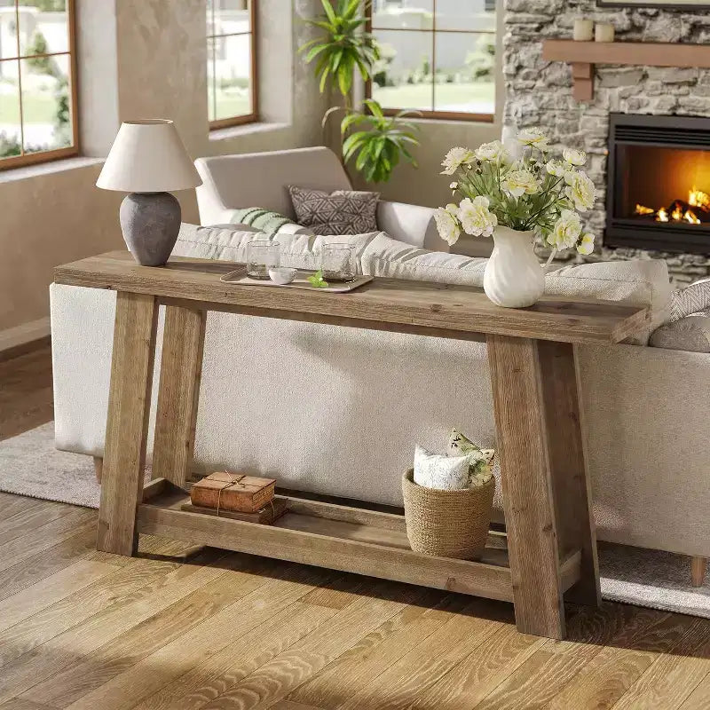 Console de 160 cm en bois massif, table d'entrée de ferme à 2 niveaux, table de canapé étroite derrière le canapé pour le salon, le couloir, le foyer
