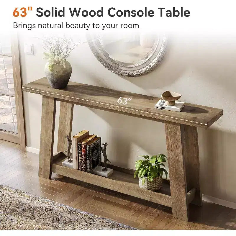 Console de 160 cm en bois massif, table d'entrée de ferme à 2 niveaux, table de canapé étroite derrière le canapé pour le salon, le couloir, le foyer