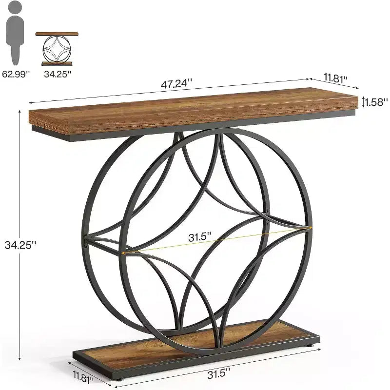 47 Console Table, 2-Tier Sofa Table with Geometric Metal Frame, Narrow Entryway Tables with Storage Shelf for Living Room, Rustic Brown