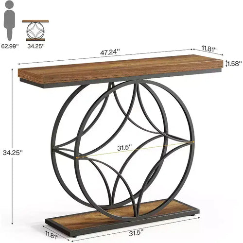 47 Console Table, Table d'appoint 2 niveaux avec cadre métallique géométrique, Tables d'entrée étroites avec étagère de rangement pour salon, Marron rustique