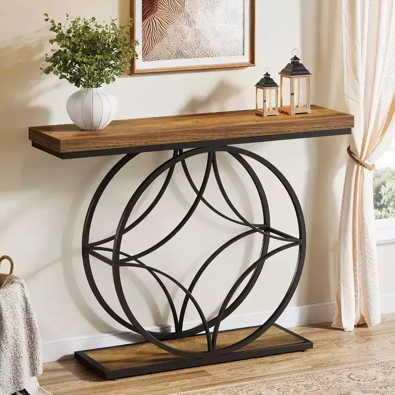 47 Console Table, 2-Tier Sofa Table with Geometric Metal Frame, Narrow Entryway Tables with Storage Shelf for Living Room, Rustic Brown
