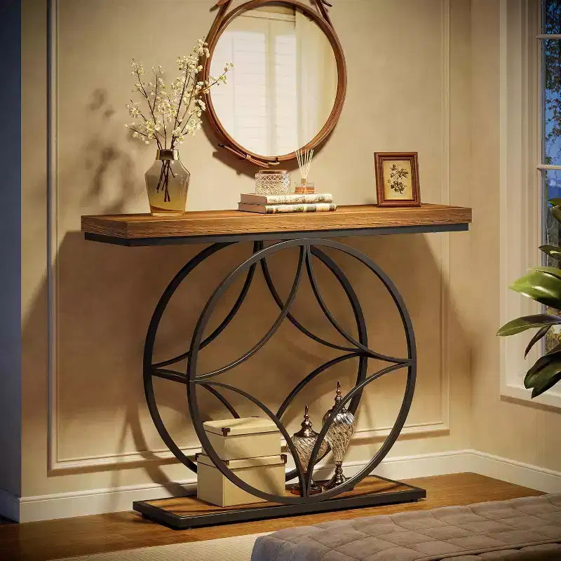 47 Console Table, 2-Tier Sofa Table with Geometric Metal Frame, Narrow Entryway Tables with Storage Shelf for Living Room, Rustic Brown