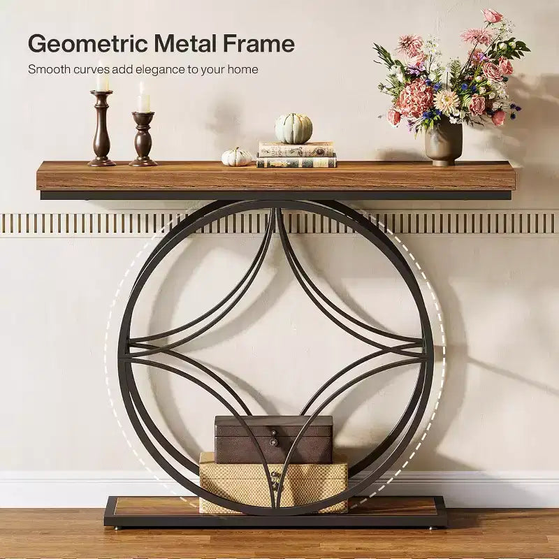 47 Console Table, Table d'appoint 2 niveaux avec cadre métallique géométrique, Tables d'entrée étroites avec étagère de rangement pour salon, Marron rustique