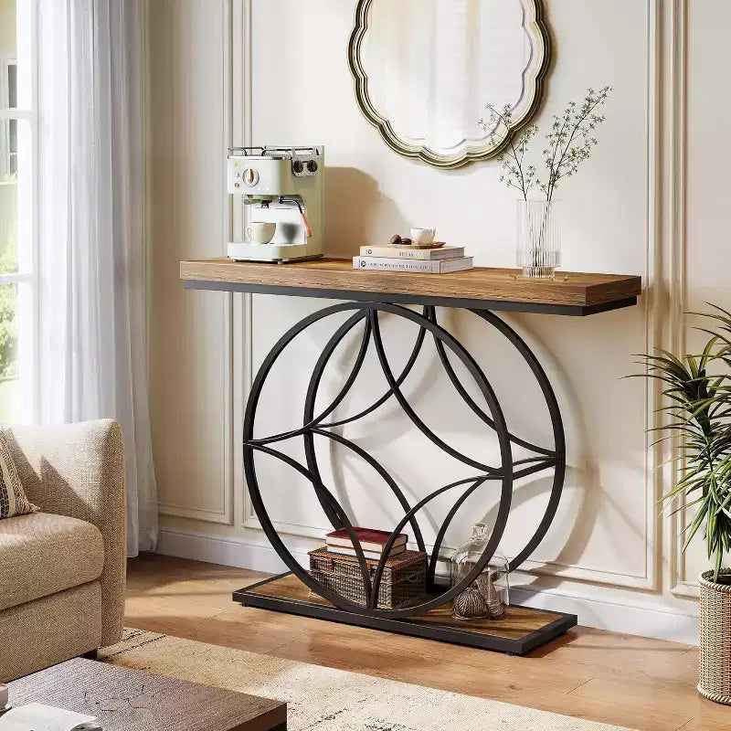 47 Console Table, Table d'appoint 2 niveaux avec cadre métallique géométrique, Tables d'entrée étroites avec étagère de rangement pour salon, Marron rustique