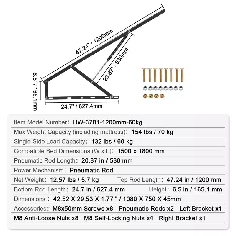 Vérin de lit 150x180 cm Compatible avec la taille de lit, capacité de charge de 70 kg, support de lit robuste à levier pneumatique, noir