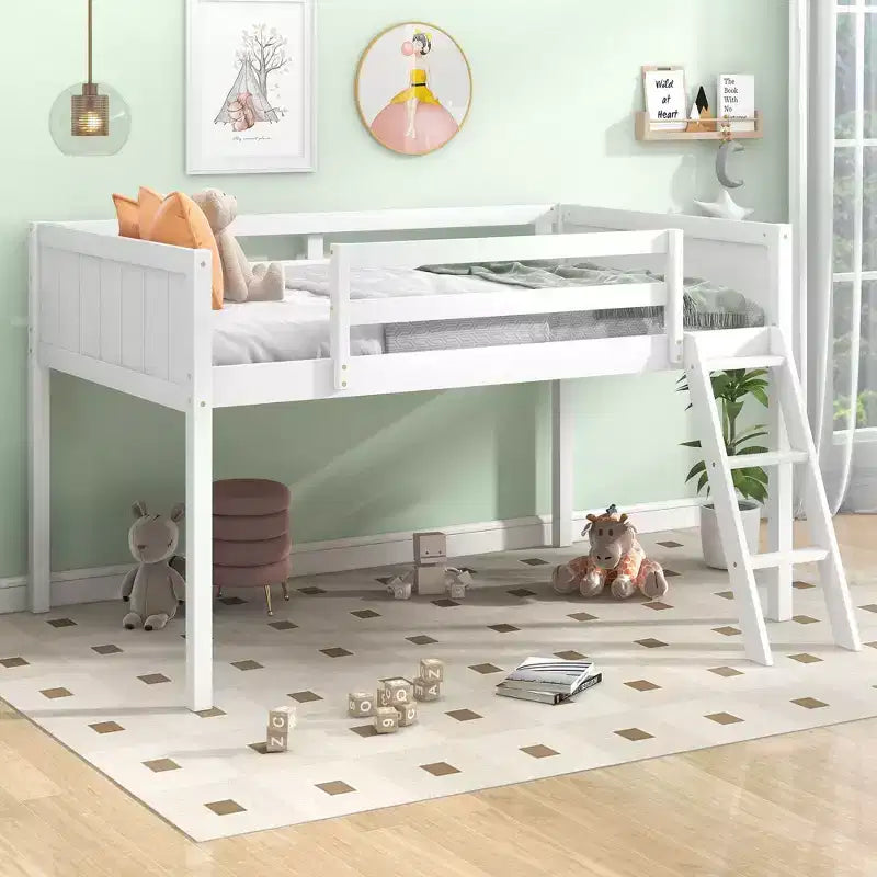 Lit mezzanine pour enfants avec échelle amovible, Cadre de lit avec barrières de sécurité pour chambre d'enfant, salle de jeux