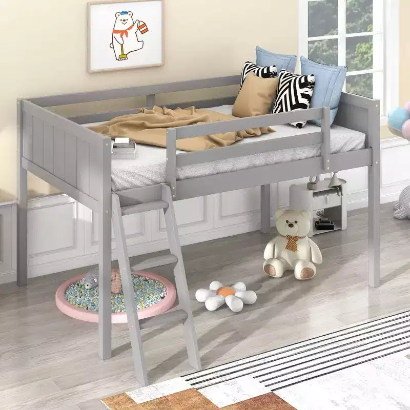 Lit mezzanine pour enfants avec échelle amovible, Cadre de lit avec barrières de sécurité pour chambre d'enfant, salle de jeux