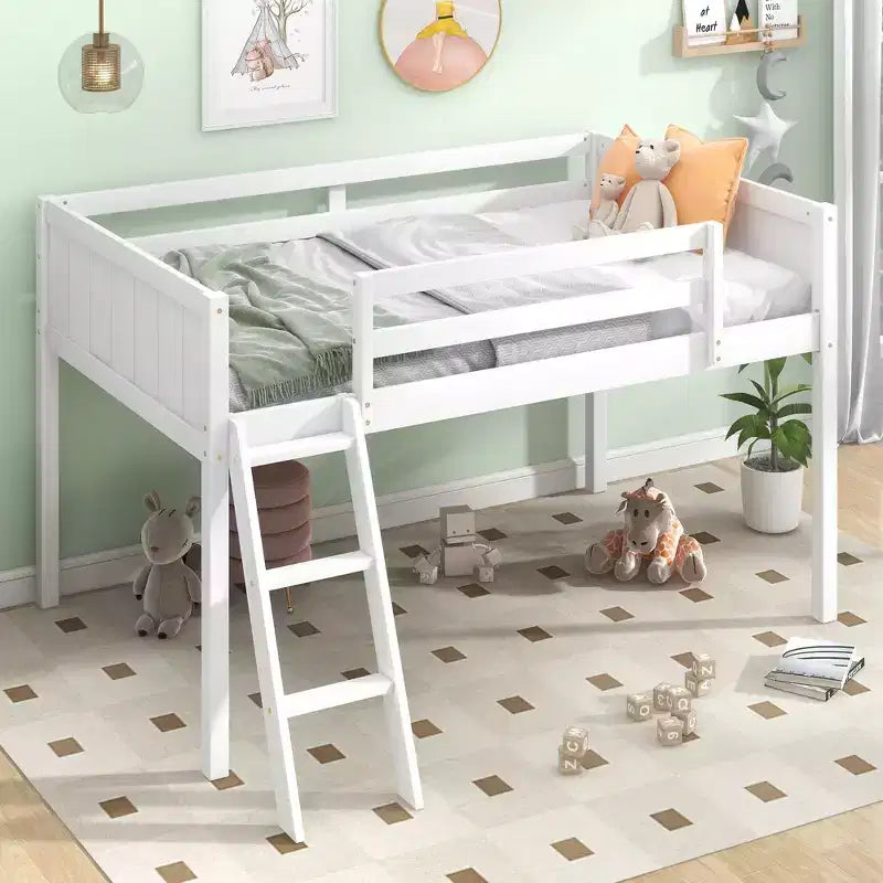 Lit mezzanine pour enfants avec échelle amovible, Cadre de lit avec barrières de sécurité pour chambre d'enfant, salle de jeux