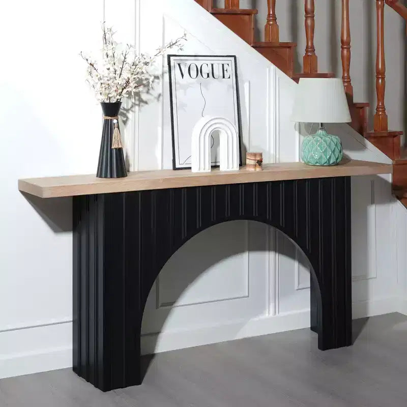 Console minimaliste de 66 pouces avec plateau en bois, table d'entrée moderne avec base arquée, table d'appoint pour entrée, salon, noir+naturel