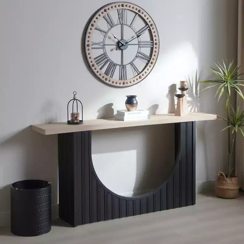 Console minimaliste de 66 pouces avec plateau en bois, table d'entrée moderne avec base arquée, table d'appoint pour entrée, salon, noir+naturel