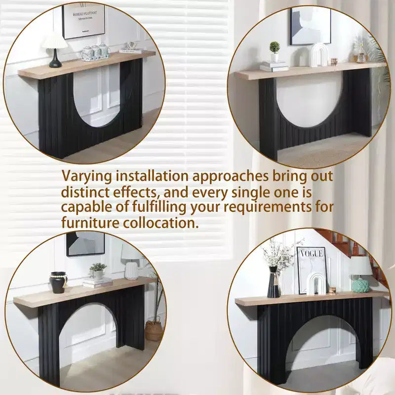 Console minimaliste de 66 pouces avec plateau en bois, table d'entrée moderne avec base arquée, table d'appoint pour entrée, salon, noir+naturel