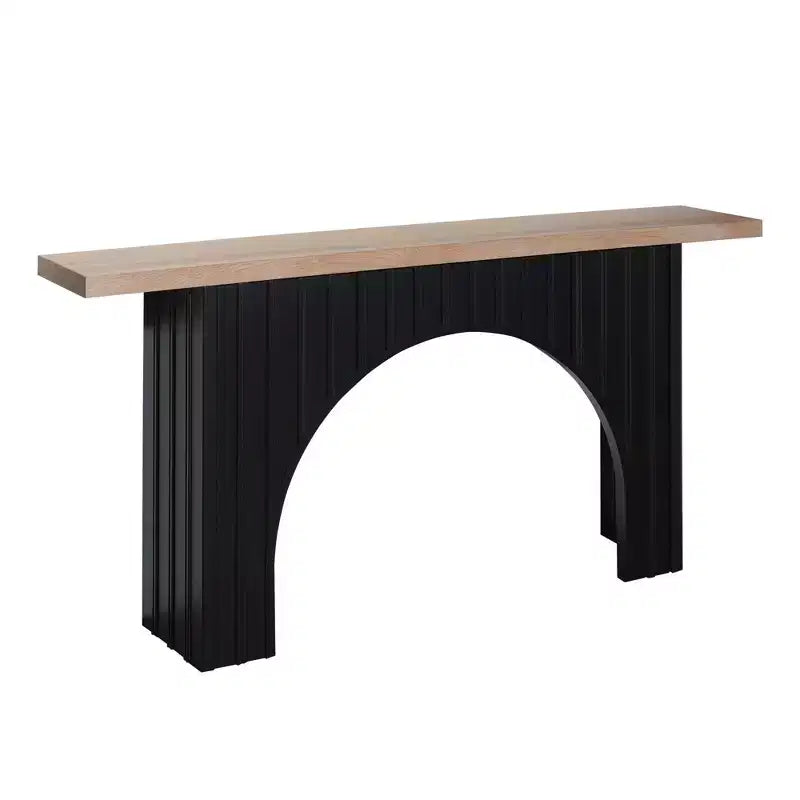 Console minimaliste de 66 pouces avec plateau en bois, table d'entrée moderne avec base arquée, table d'appoint pour entrée, salon, noir+naturel