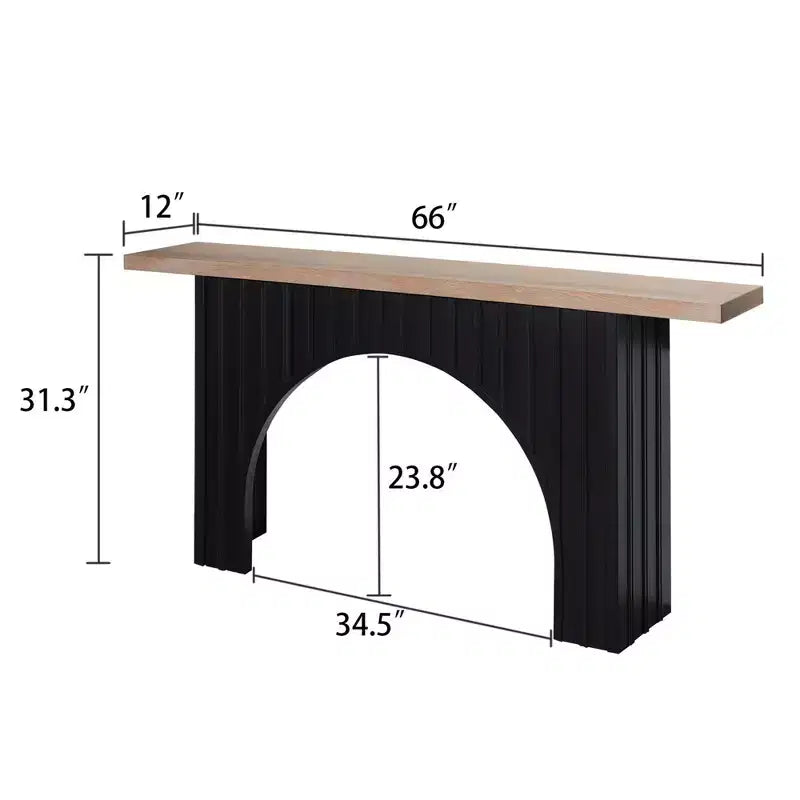 Console minimaliste de 66 pouces avec plateau en bois, table d'entrée moderne avec base arquée, table d'appoint pour entrée, salon, noir+naturel
