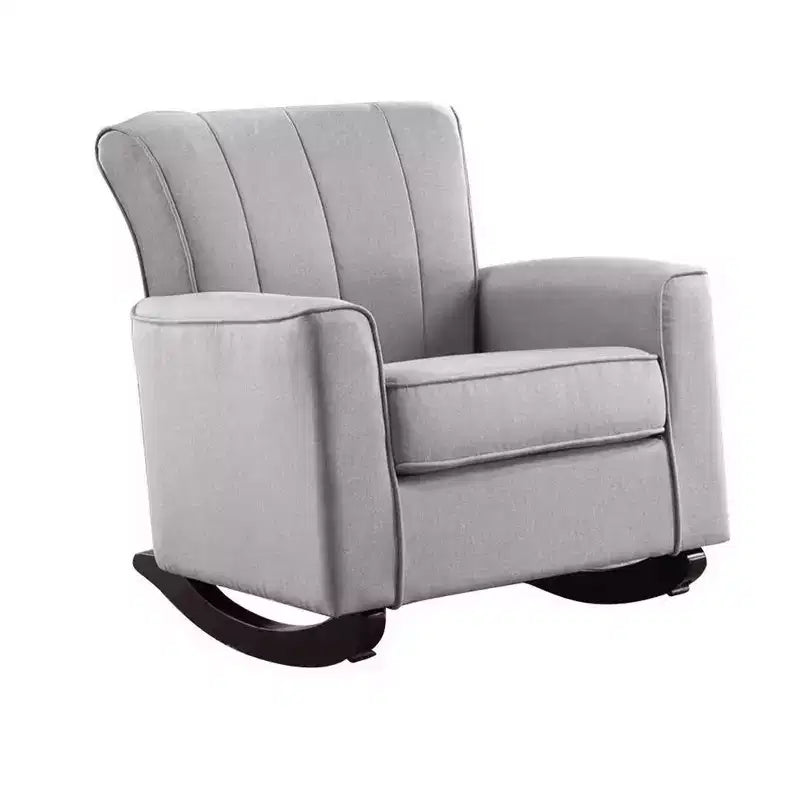 Fauteuil à bascule de 34 pouces, cadre en bois, lin gris touffeté à canaux verticaux