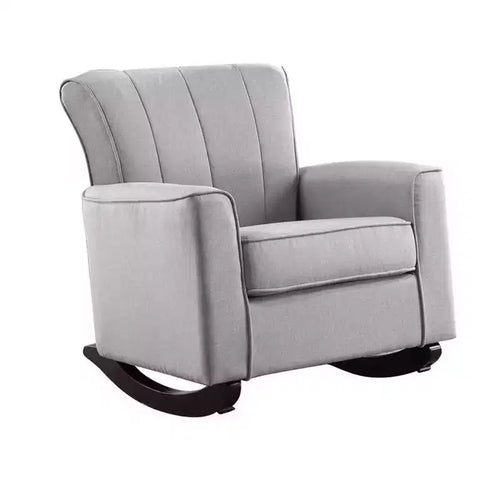 Fauteuil à bascule de 34 pouces, cadre en bois, lin gris touffeté à canaux verticaux