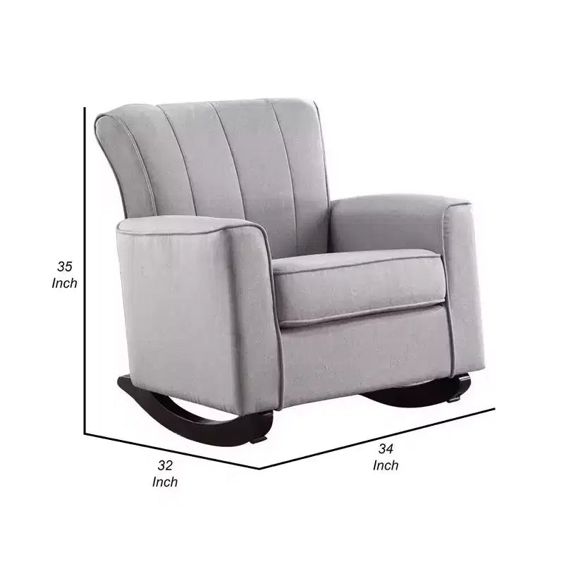 Fauteuil à bascule de 34 pouces, cadre en bois, lin gris touffeté à canaux verticaux